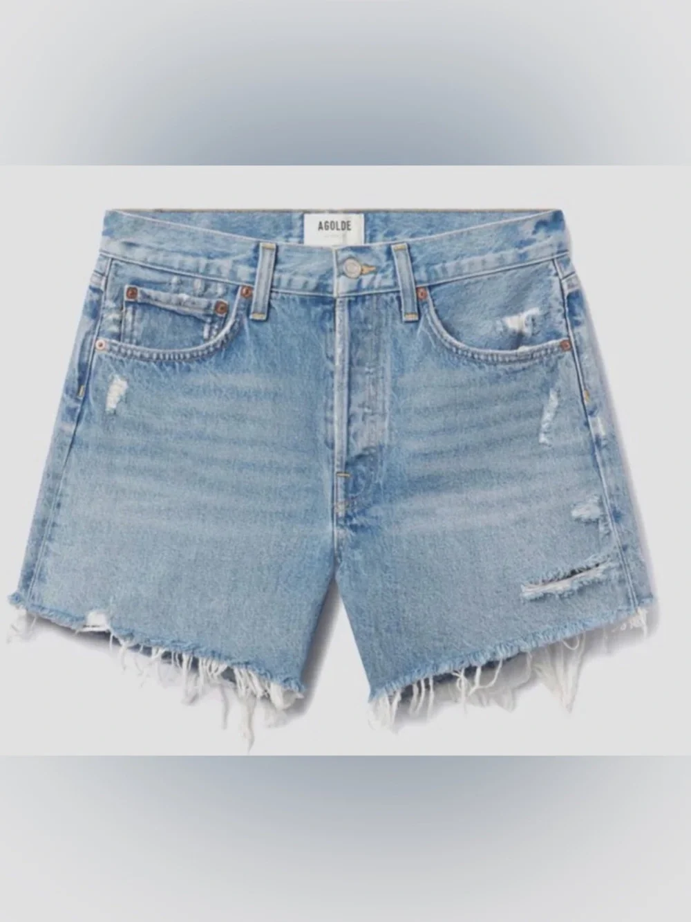 NWT Agolde Parker Long Swapmeet Light Blue Distressed Denim Cutoff Shorts SZ 27 - Picture 8 of 16